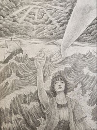 This is an art piece to represent the Bible story of Peter sinking while trying to walk to jesus on the water. I drew myself in Peters position to represent the battle everyone often faces (doubts and struggles).